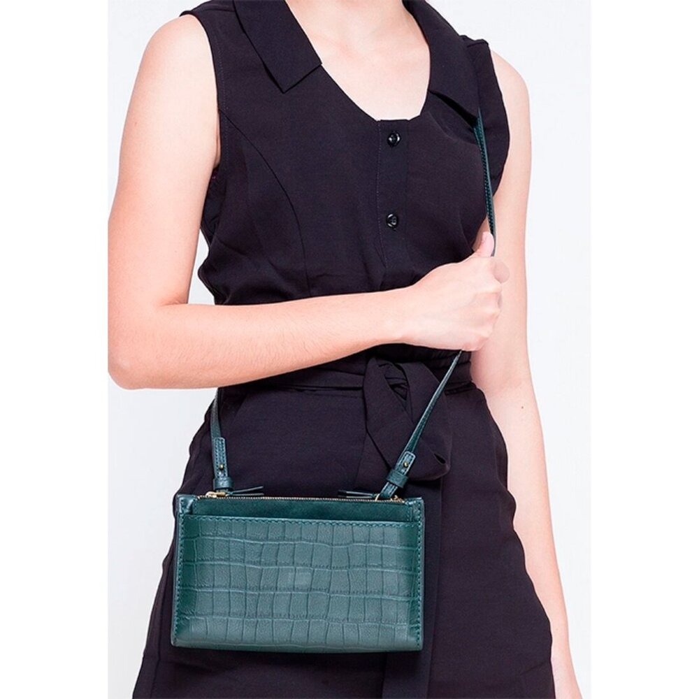 S Fossil Sage Green Leather Suede Crossbody Double-Zip SLG1322366 NWT Alligator - Picture 3 of 13